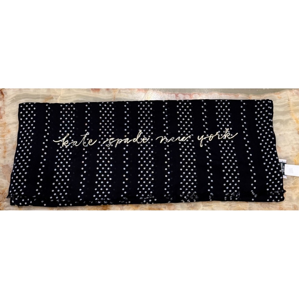 Kate Spade New York Womens Scarf Black White Polka Dot Fringe Detail One Size